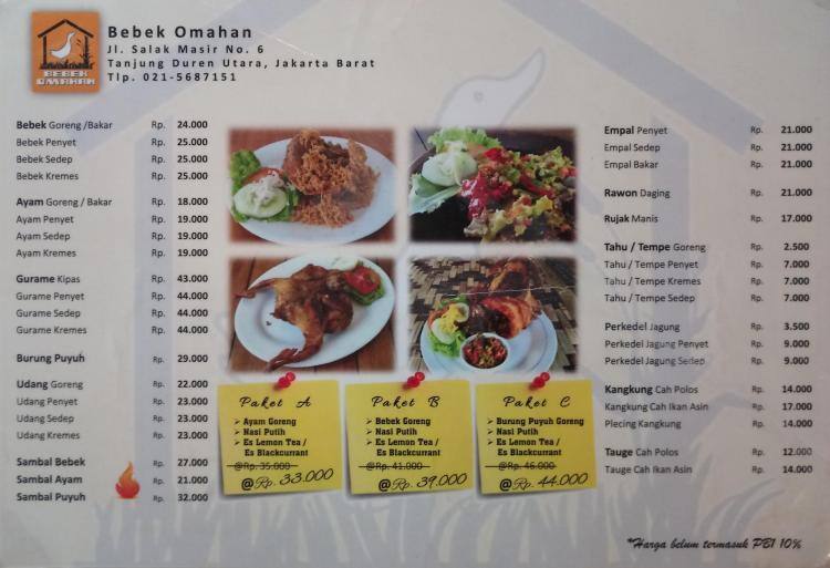 Bebek Omahan Menu, Menu for Bebek Omahan, Tanjung Duren, Jakarta ...