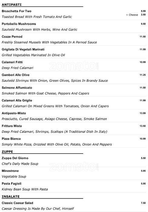 Ottimo Ristorante & Pizzeria menu