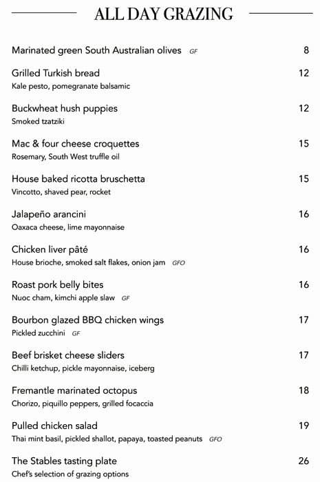 The Stables Bar menu, Menu restauracji The Stables Bar, Perth CBD ...