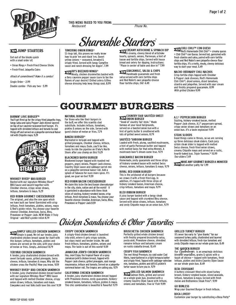 Printable Red Robin Menu