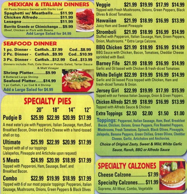 Menu at Pudge Bros. Pizza pizzeria, Commerce City, E 64th Ave