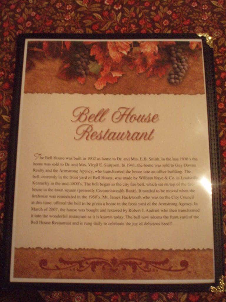 Menu at Bell House Restaurant, Shelbyville