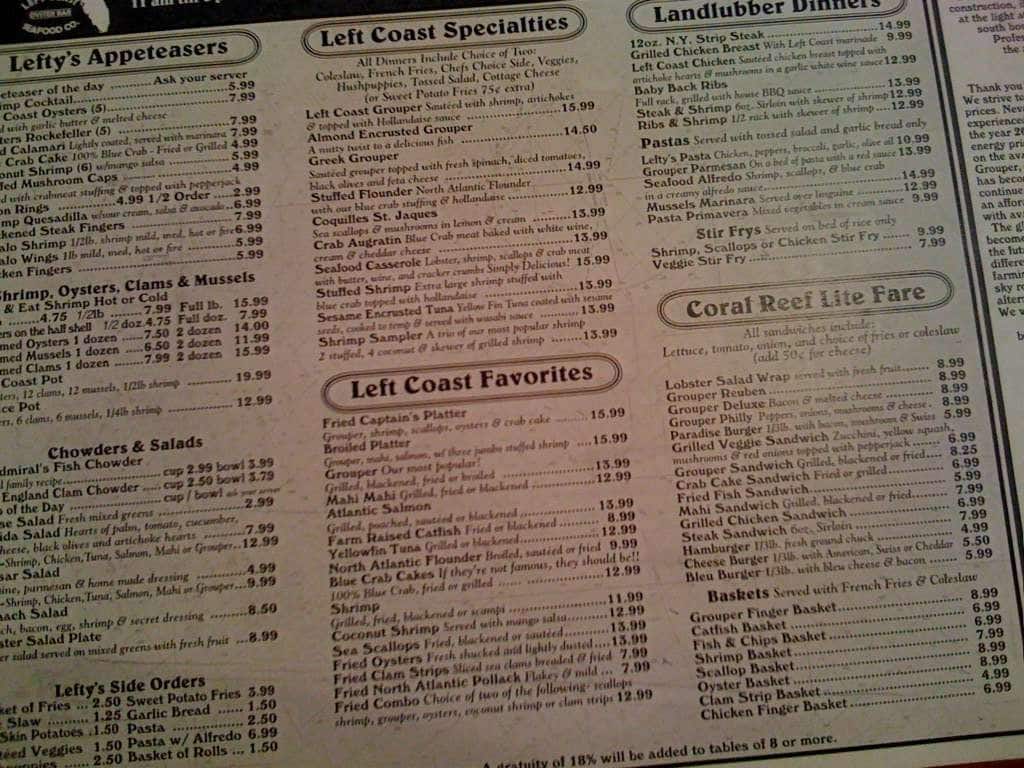 Menu At Left Coast Seafood Restaurant Venice Left Coast Seafood Menu