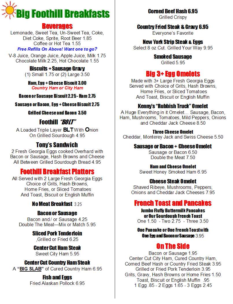 Foothill Grill Menu, Menu for Foothill Grill, Dahlonega, Gainesville