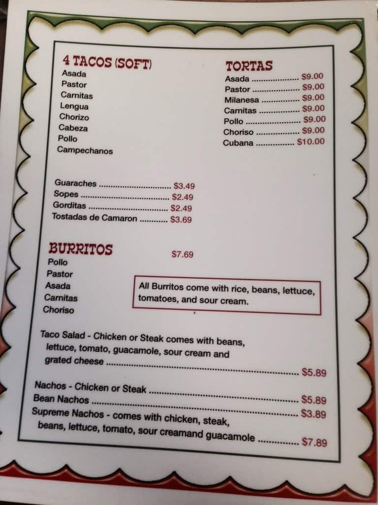 Menu at Taqueria El Paso restaurant, Boone