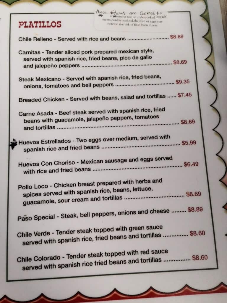 Menu at Taqueria El Paso restaurant, Boone