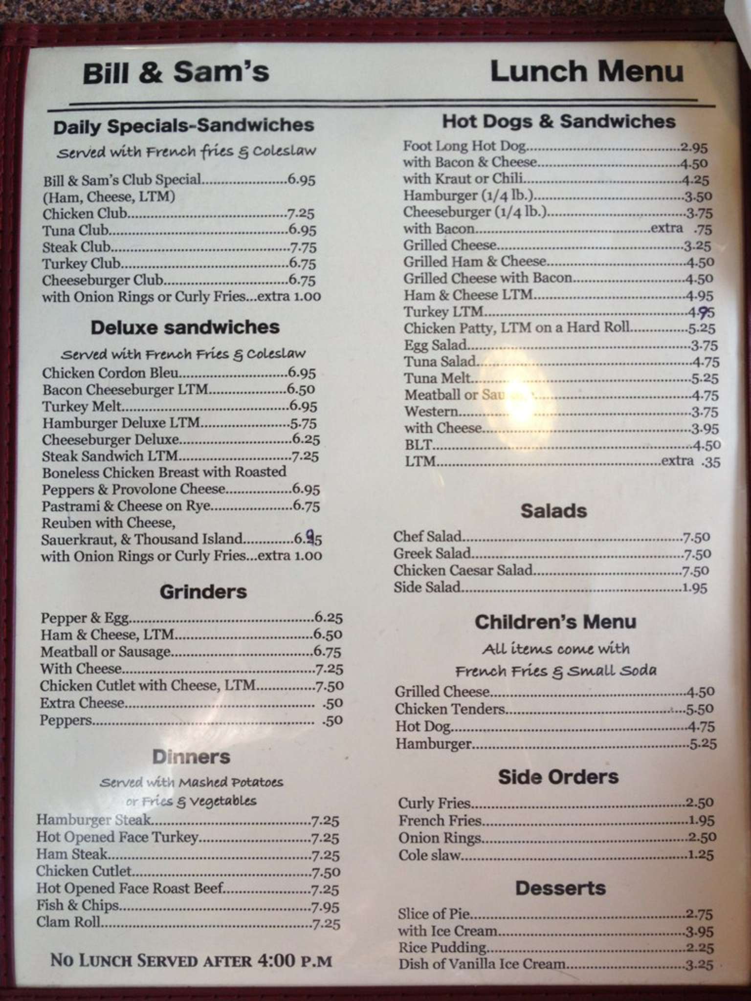 Bill & Sams Diner Menu, Menu for Bill & Sams Diner, Wolcott, New Haven