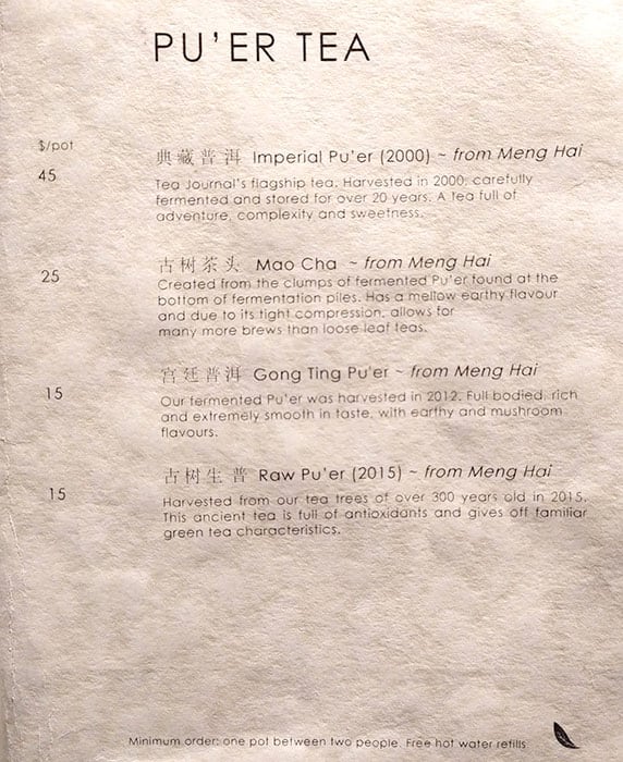 Menu at Tea Journal cafe, Chatswood