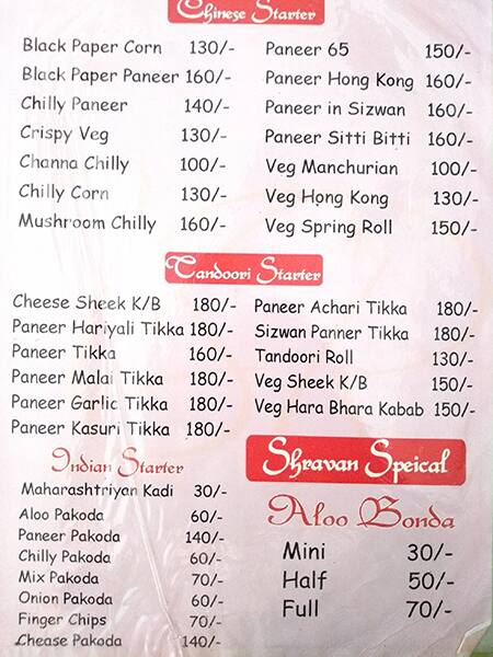 Menu at Veg Shravan, Nagpur