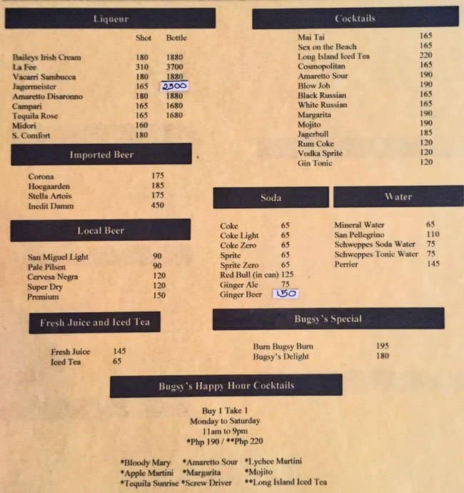 Menu at Bugsy's Bar and Lounge, Makati, Unit 1