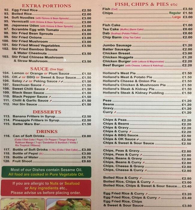 Menu at Wing On Palace, Manchester