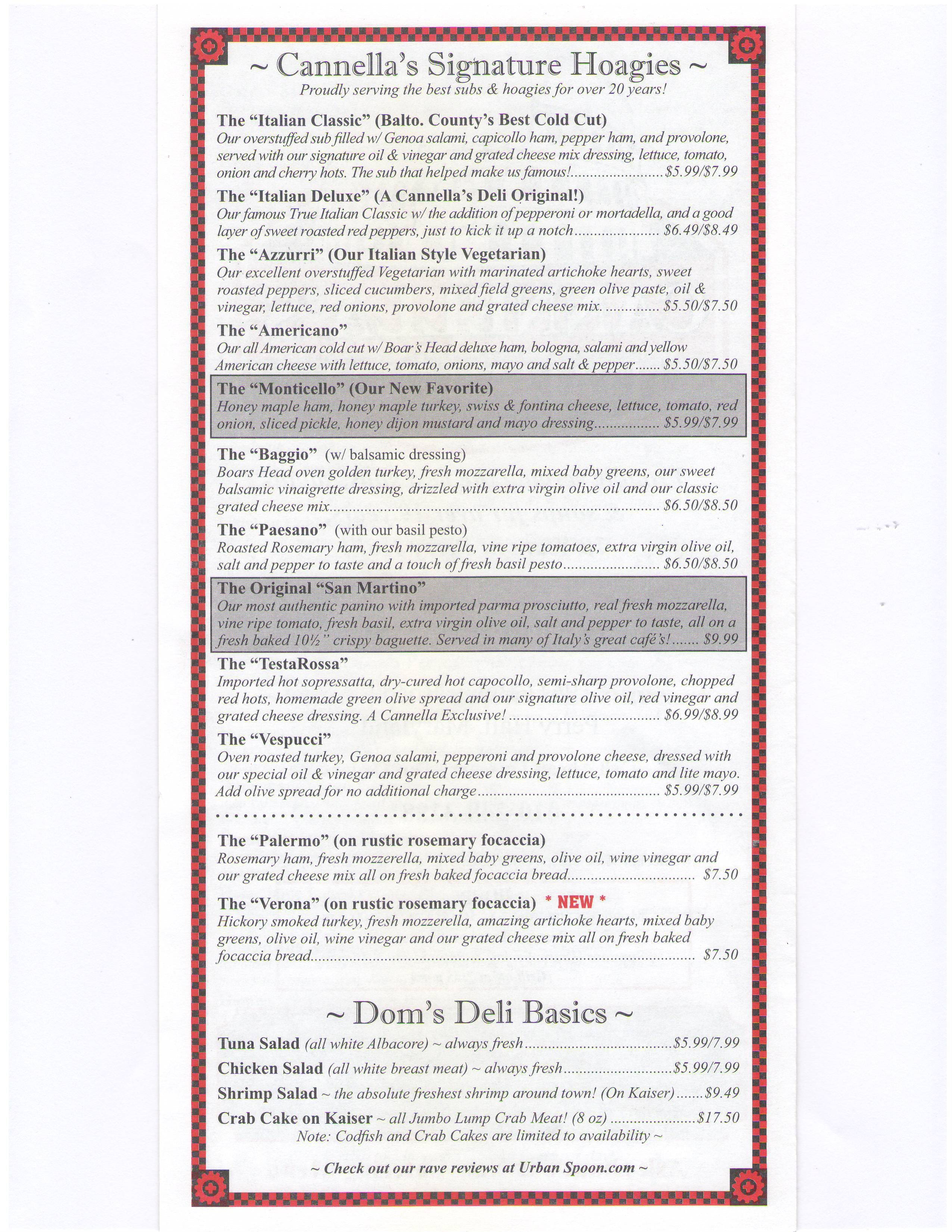 Cannella's Italian Deli Menu Urbanspoon/Zomato