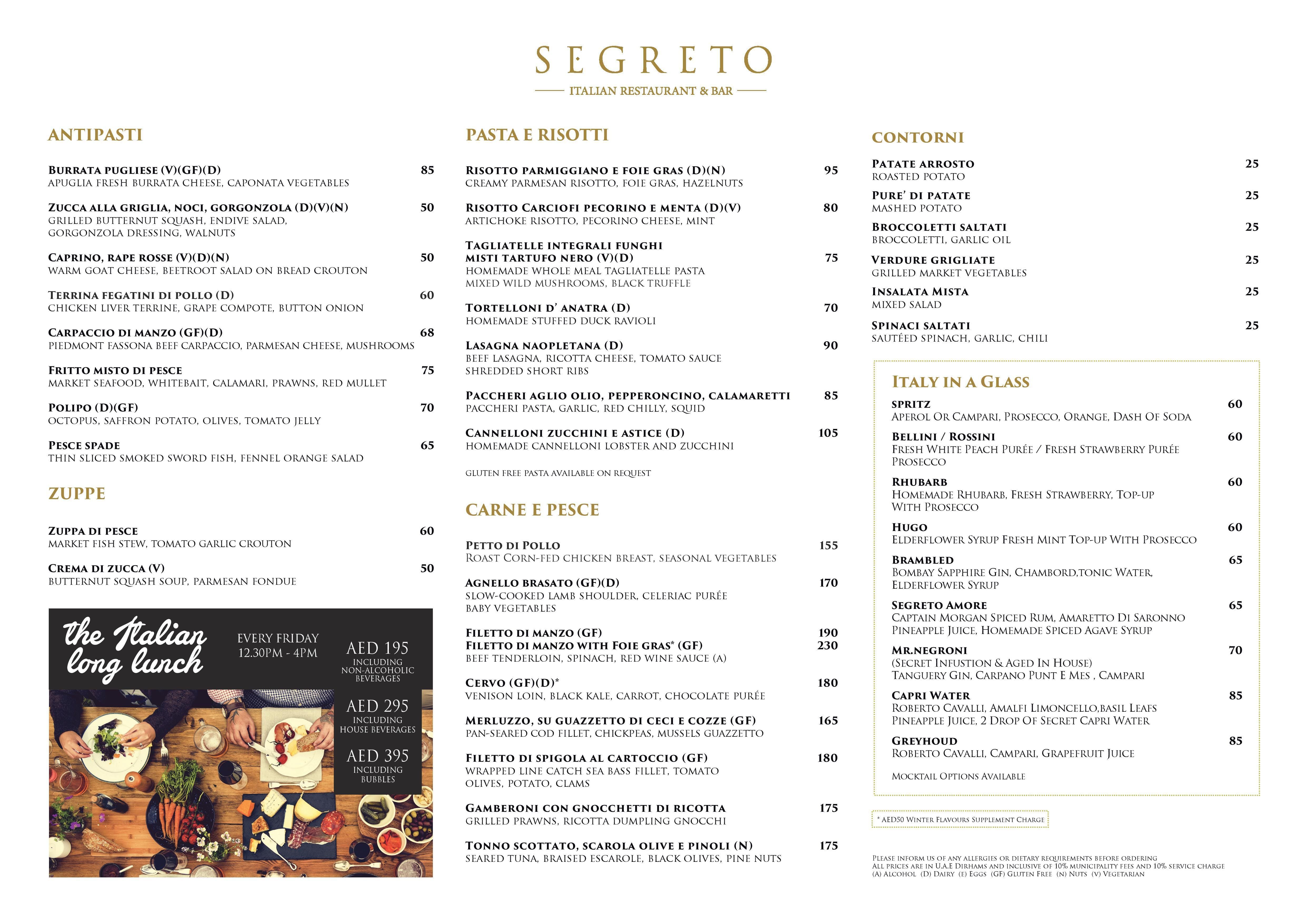 Segreto Menu, Menu podniku Segreto, Madinat Jumeirah, Dubai Zomato