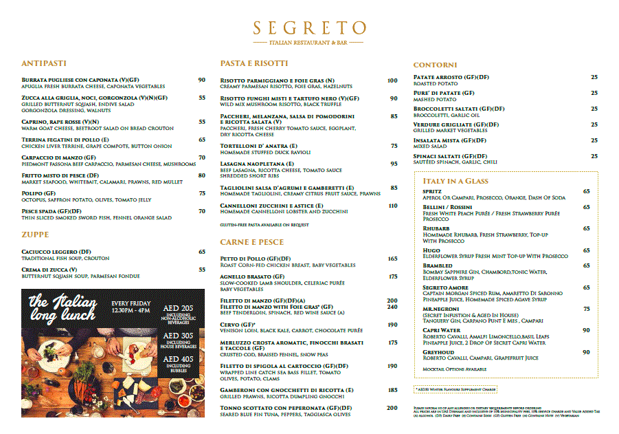 Segreto Menu, Menu for Segreto, Madinat Jumeirah, Dubai Zomato