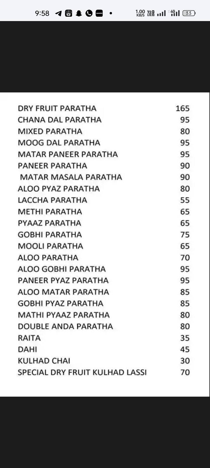 Menu of Mr. Paratha Wala, Sector 72, Noida