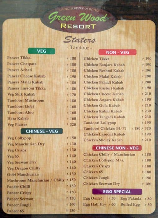 Greenwood Resort Menu, Menu for Greenwood Resort, Khadakwasla, Pune