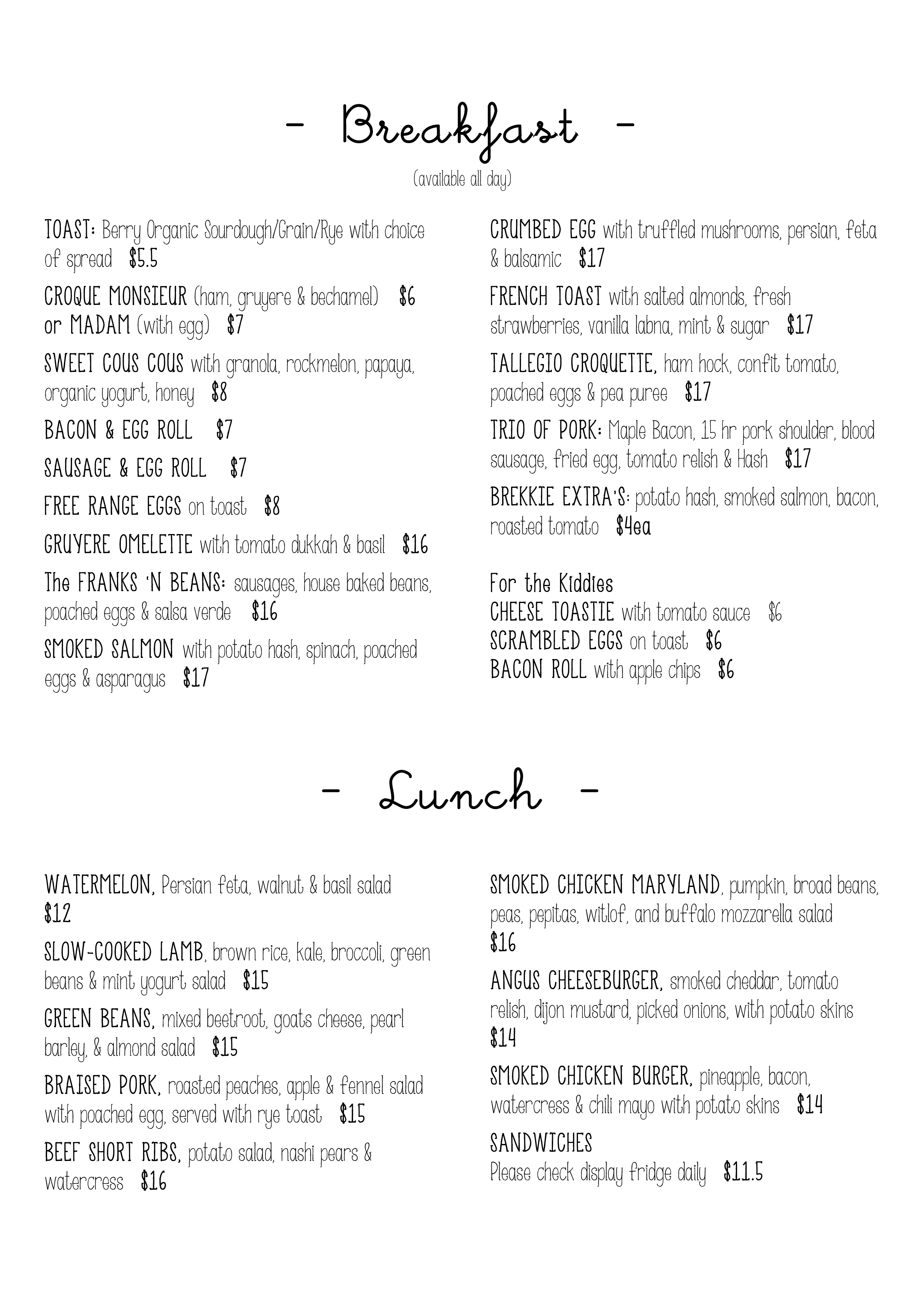 Menu at Franks 'n Beans cafe, East Corrimal