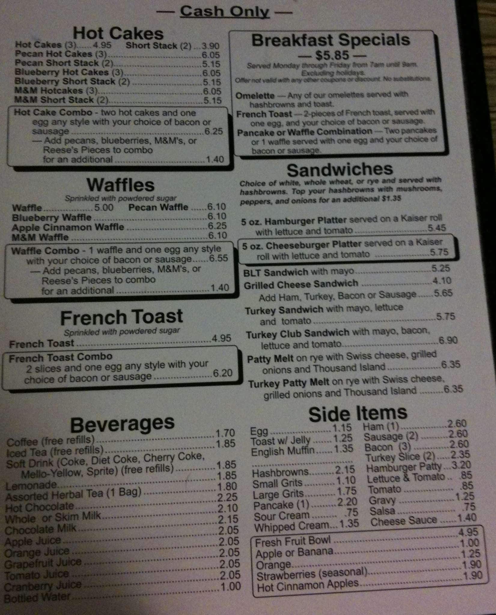 Menu at Ye Olde Waffle Shop restaurant, Chapel Hill