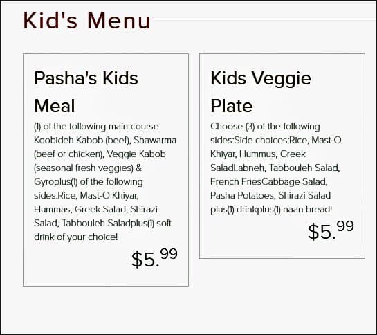 Pasha Mediterranean Grill menu