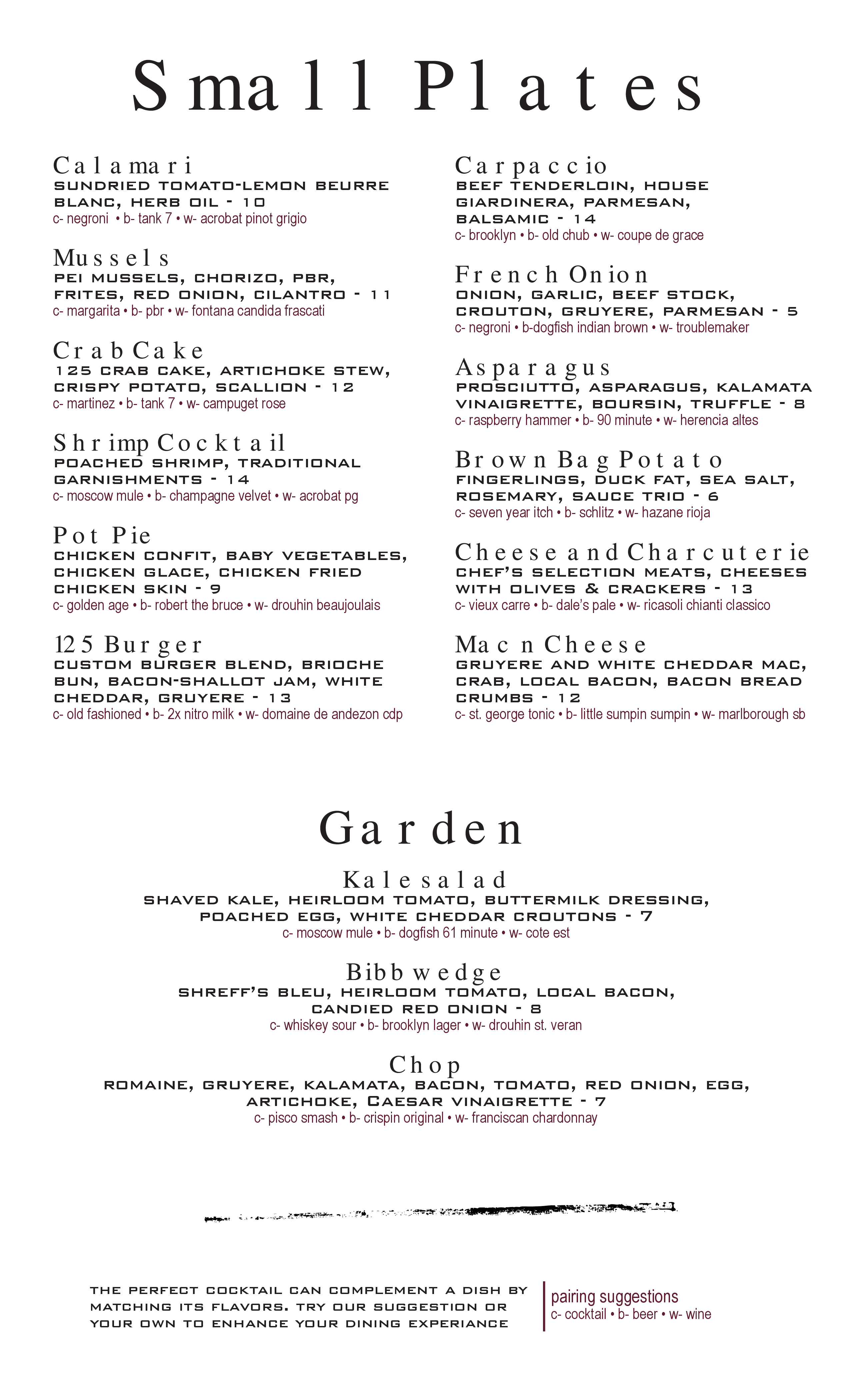 Menu at Hideout 125 steakhouse, Fort Wayne