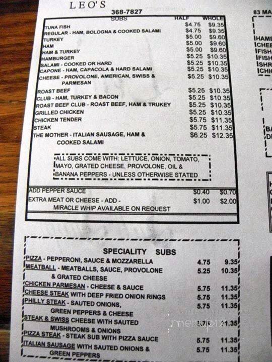 Menu at Leo's Sub Shop restaurant, Bradford