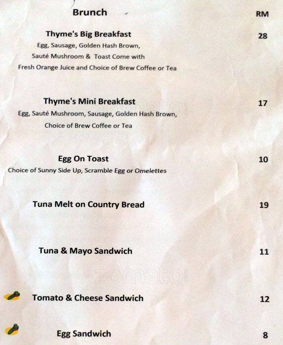 Thyme To Taste Menu, Menu for Thyme To Taste, Damansara Perdana, Selangor Zomato Malaysia