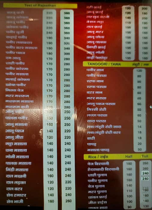 Menu Of Sharma Dhaba, Sikar Road, Jaipur