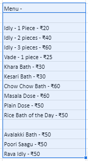 Shankara Narayana Refreshments (S. N. Refreshments) menu