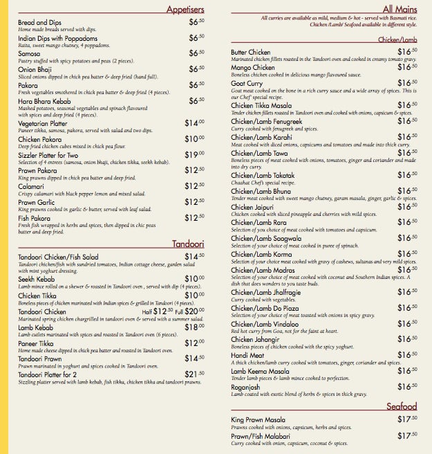 Chaahat Indian Cuisine Menu, Menu for Chaahat Indian Cuisine, Epsom ...