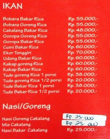Menu at Warung Ngana restaurant, Jakarta