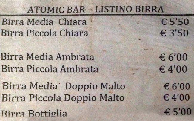 Menu di Atomic bar milano 