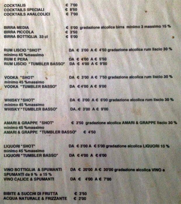 Menu di Atomic bar milano 