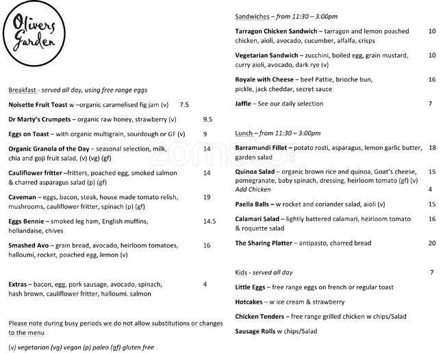 Oliver's Garden Menu, Menu for Oliver's Garden, Moonee Ponds, Melbourne