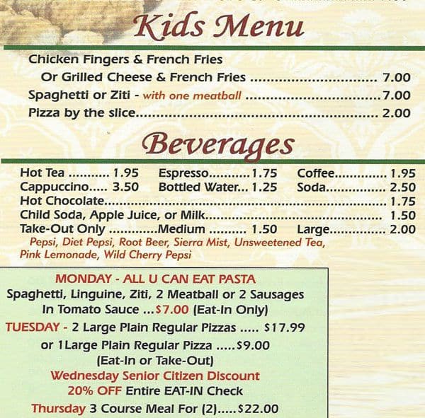 Carta de Vince’s Pizza & Restaurant, Yardley