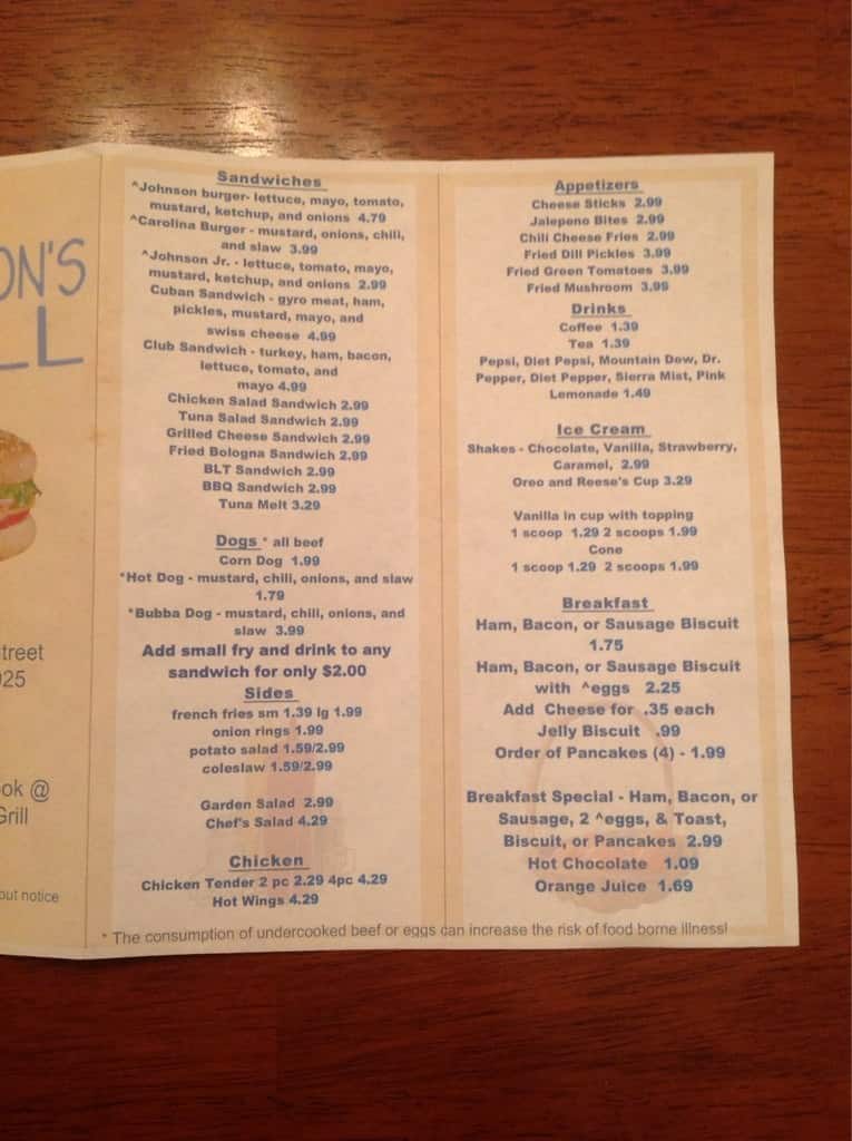 Johnson's Grill Menu,Menú para Johnson's Grill, Madison, Piedmont Triad