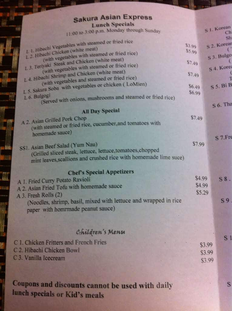 Sakura Asian Express Menu, Menu for Sakura Asian Express, Greenville, Greenville Urbanspoon/Zomato