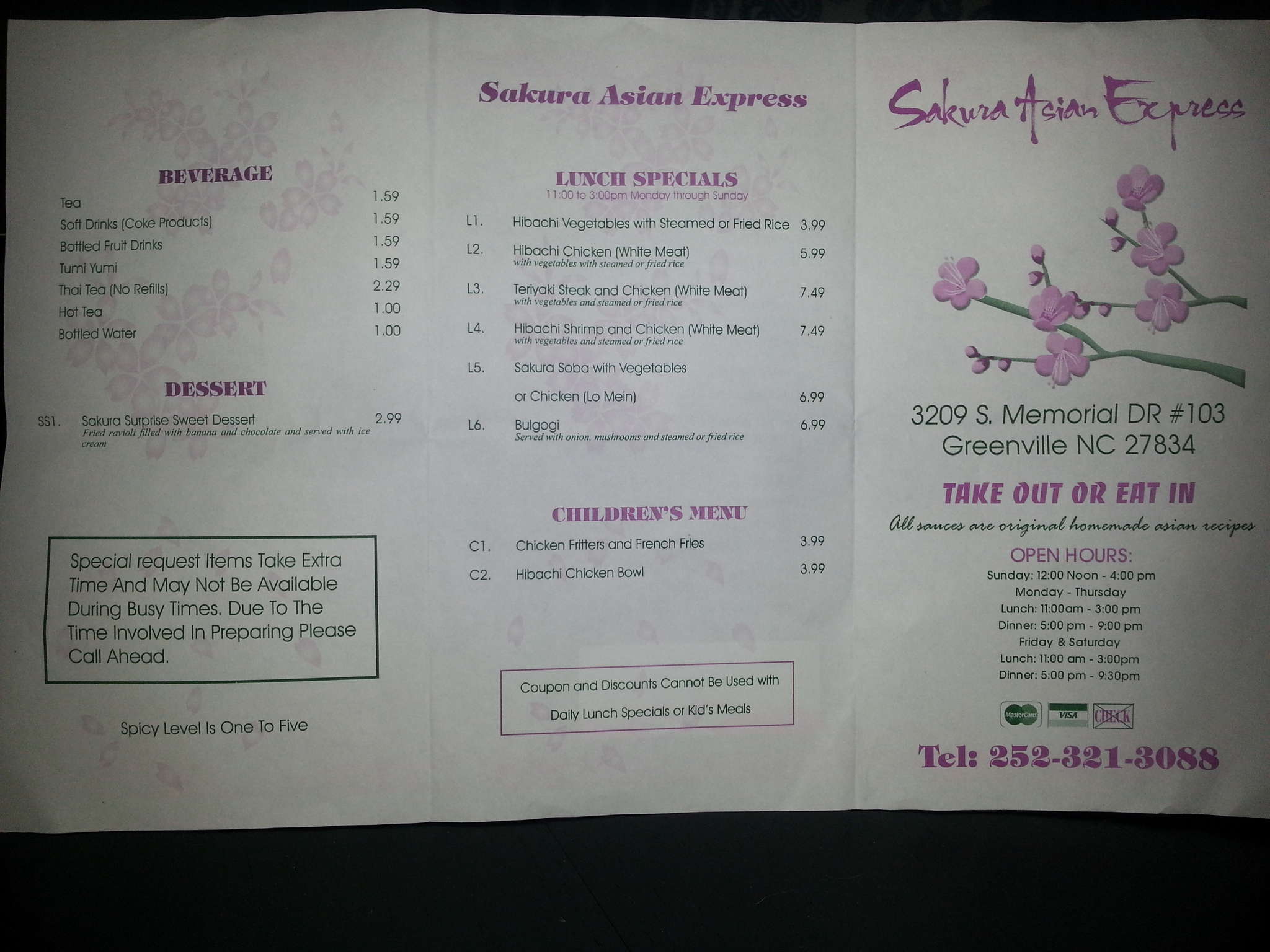 Menu at Sakura Asian Express restaurant, Greenville