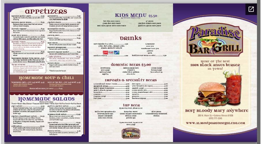 Paradise Bar & Grill Menu, Menu For Paradise Bar & Grill, Galena ...