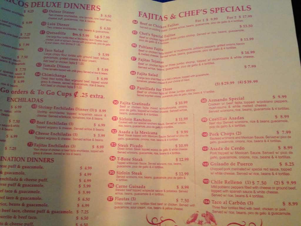 Menu at Los Pericos restaurant, Huntsville