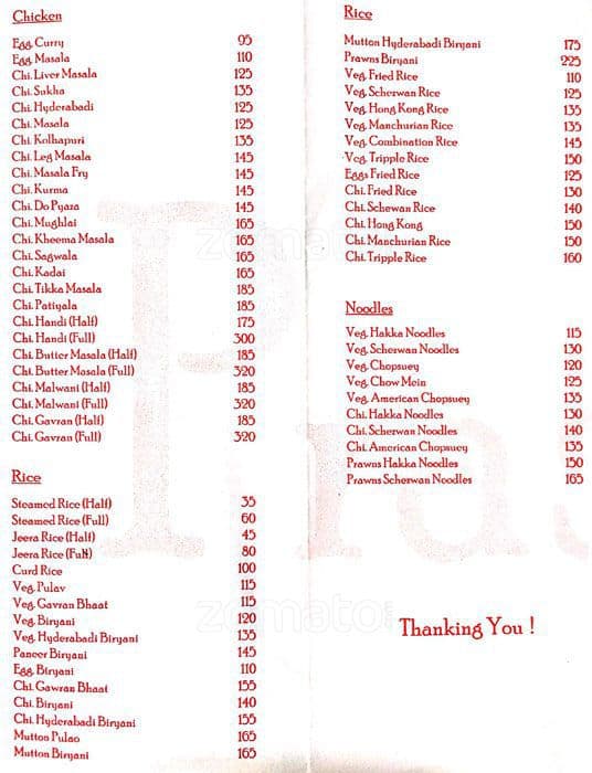 Prasidhi Bar & Restaurant menu