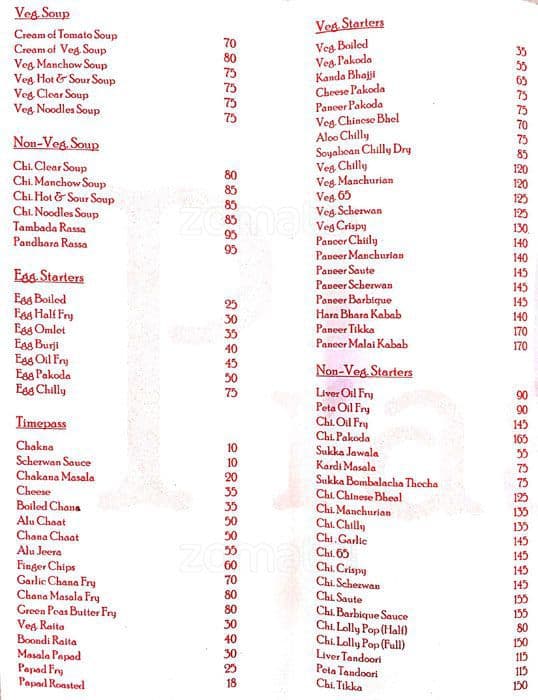 Prasidhi Bar & Restaurant menu