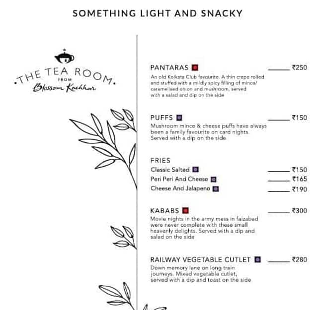 Menu of The Tea Room From Blossom Kochhar, Hauz Khas Village, New Delhi
