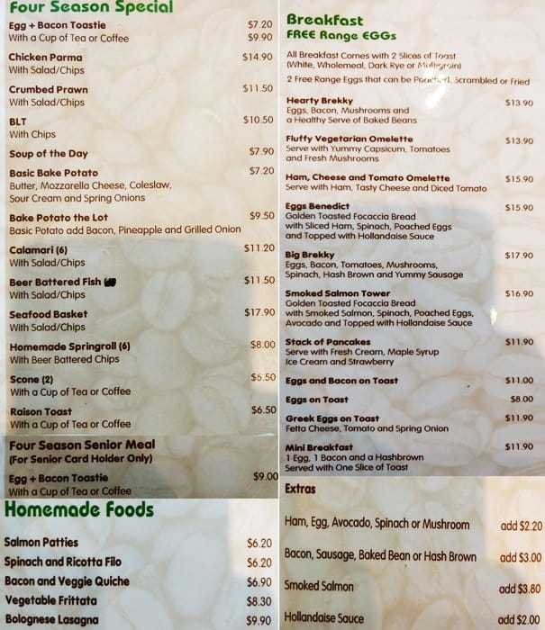 Four Seasons Cafe Menu, Menu for Four Seasons Cafe, Pakenham, Melbourne