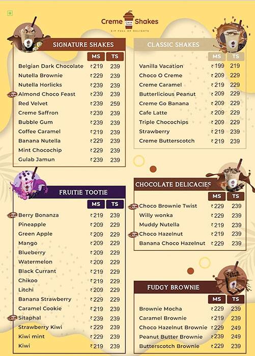 Menu Of Creme Shakes Hitech City Hyderabad 2518