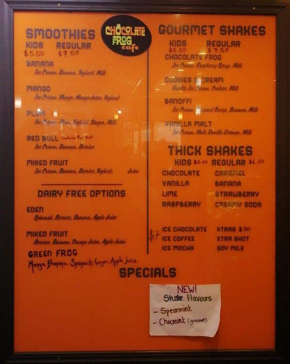Menu at Chocolate Frog Cafe, Wellington
