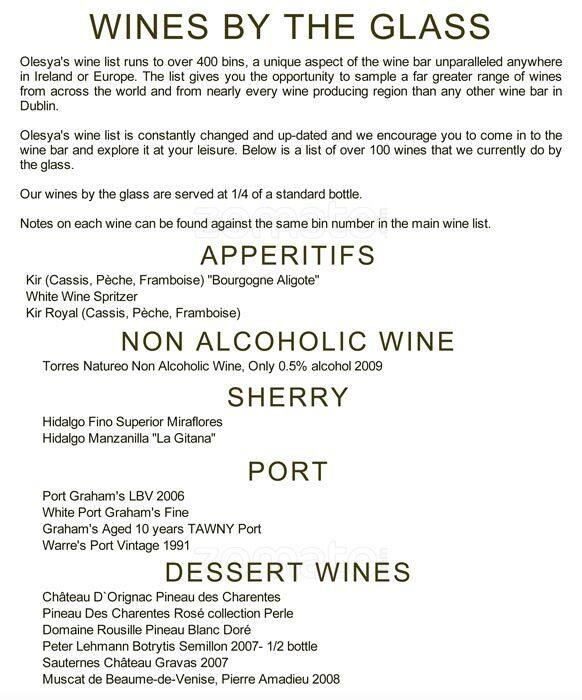 Olesya's Wine Bar Menu, Menu for Olesya's Wine Bar, South City West