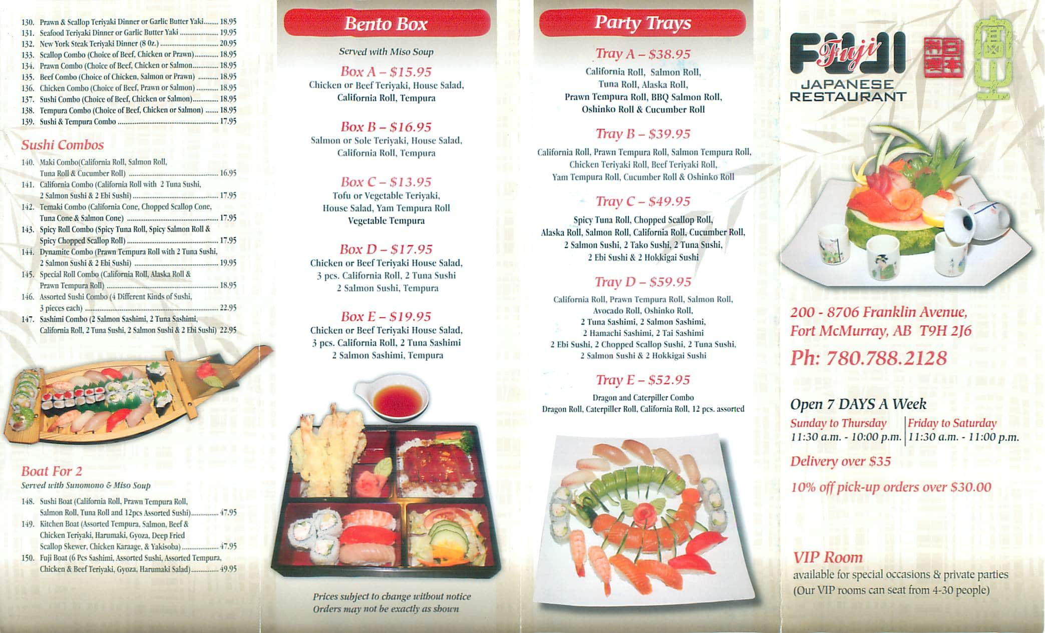 Menu at Fuji Japanese Restaurant, Fort McMurray