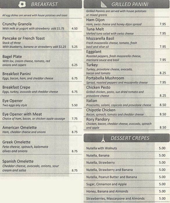 Uptown Cafe and Crepes Menu, Menu for Uptown Cafe and Crepes, Downtown