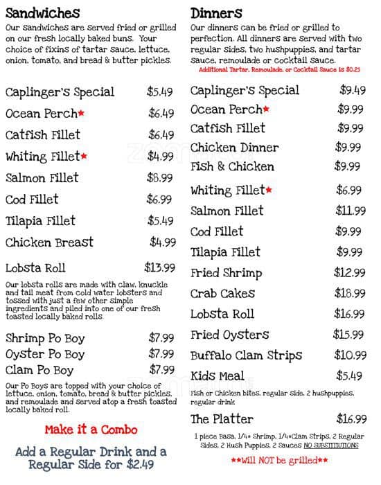 Menu at Caplinger's Fresh Catch restaurant, Indianapolis, Shadeland Ave
