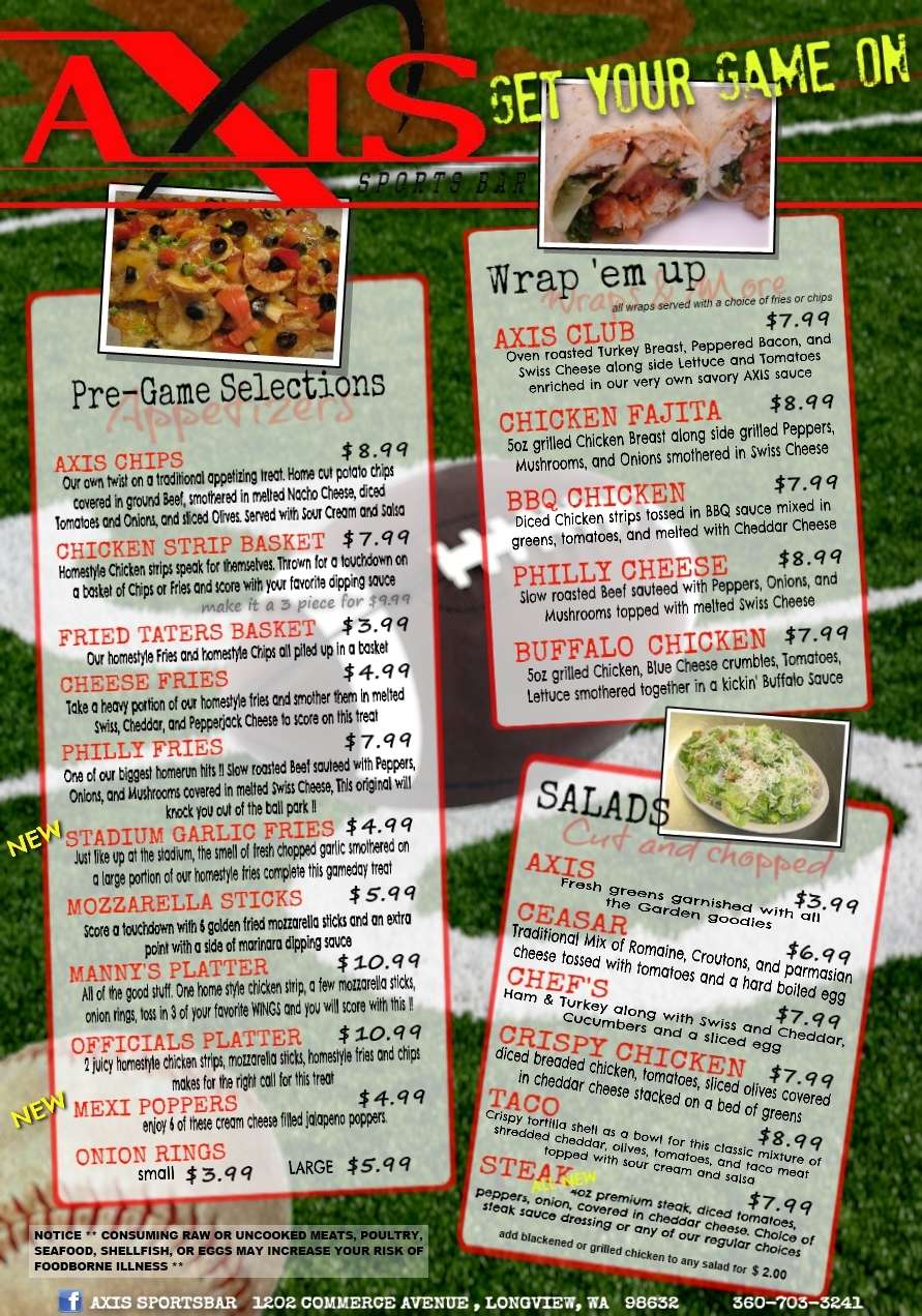 Axis Sports Bar Menu, Menu for Axis Sports Bar, Longview, Longview